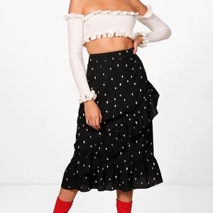 Gorgeous spotted Asymmetric Ruffle Midi skirt
